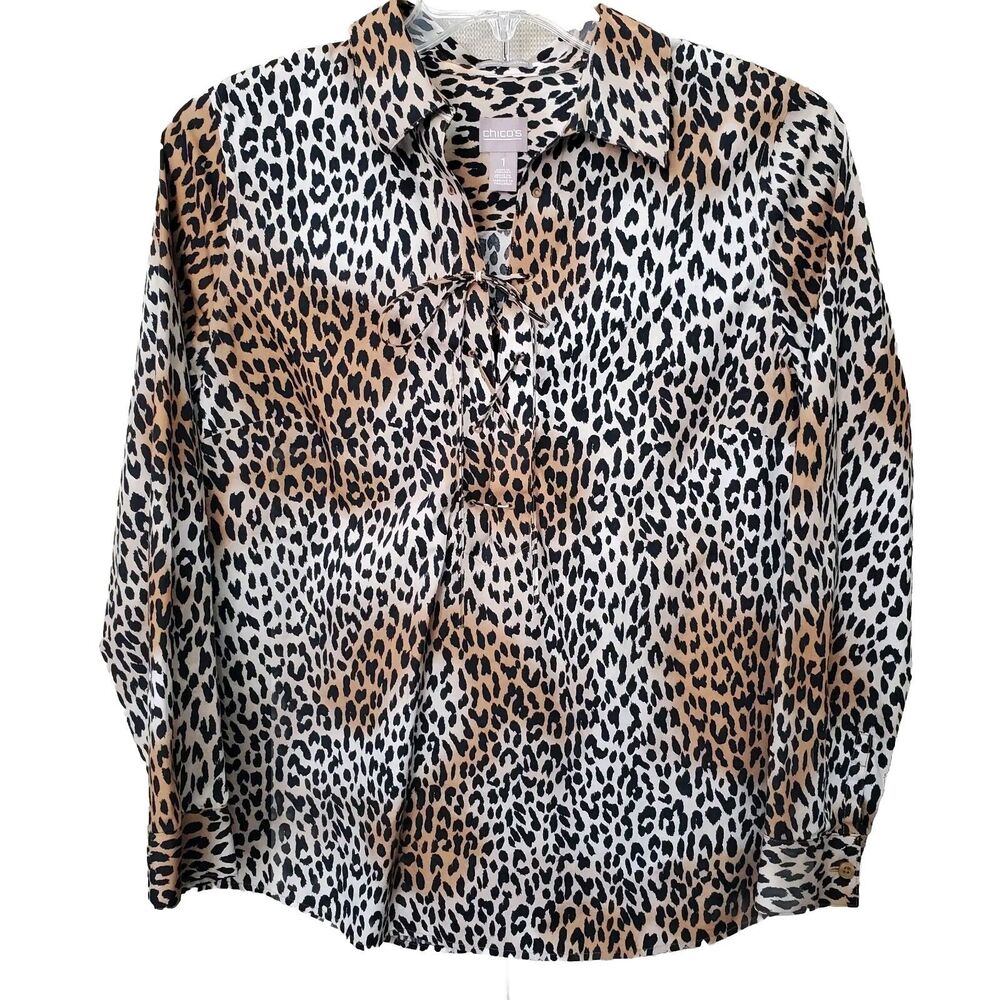 Chico's Wrinkle Resistant 100% Cotton Lace-Up Collared Popover Blouse Size 1 Med